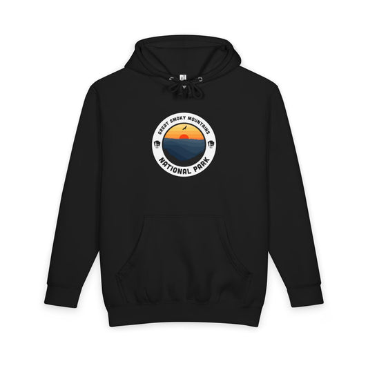Black Great Smoky Mountains National Park hoodie, front view with round emblem design