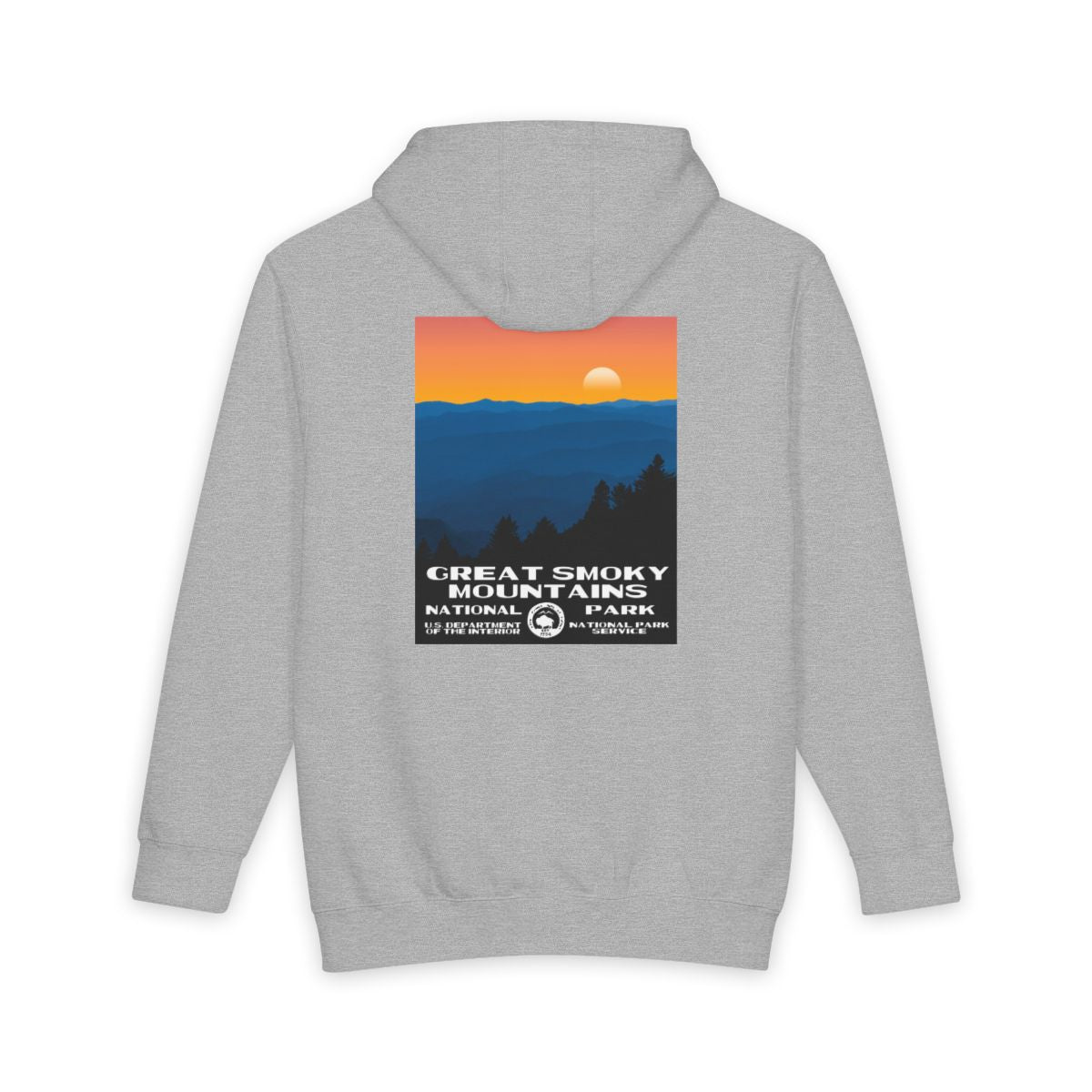 Heather Grey Great Smoky Mountains National Park hoodie, back view with national park poster artwork