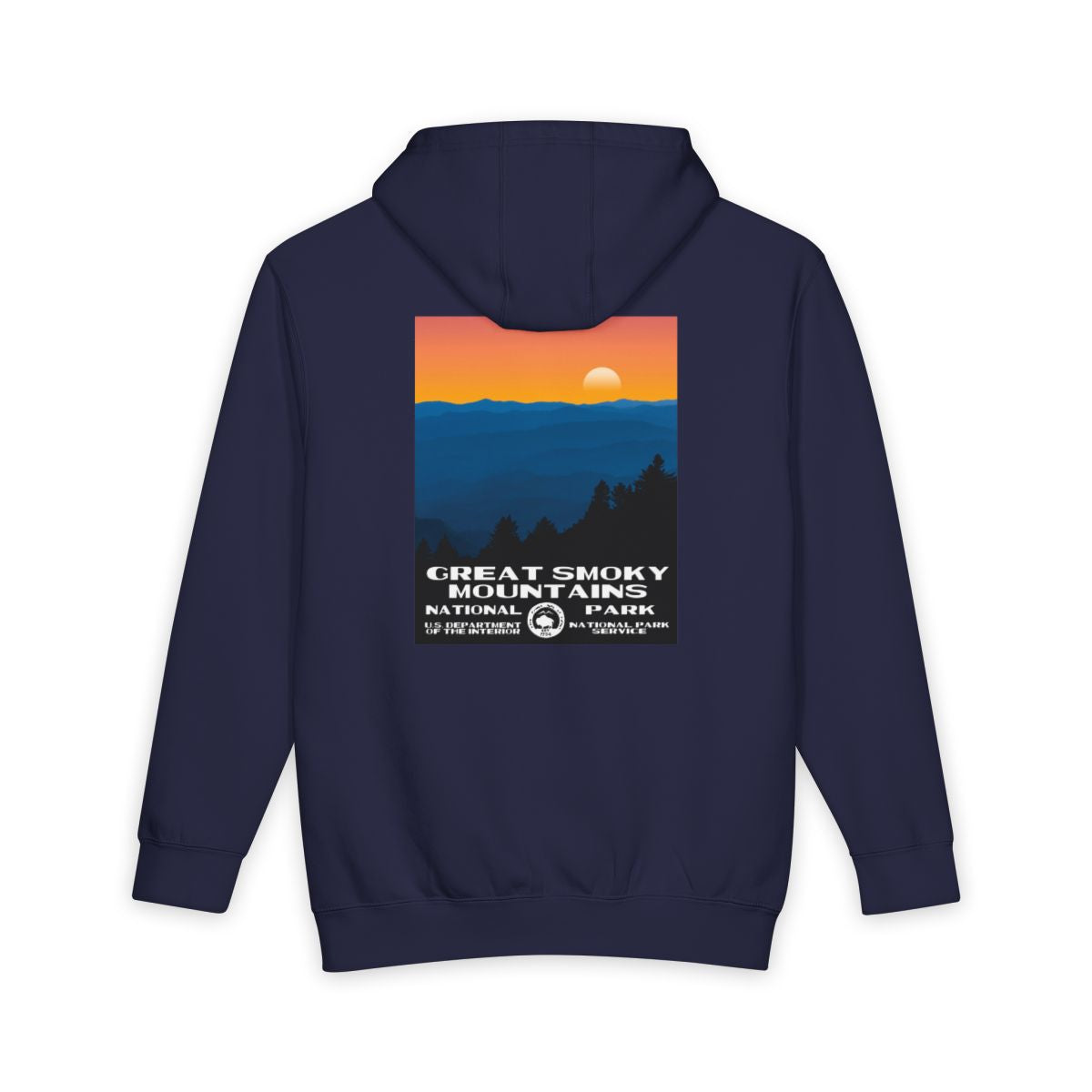 Navy Blue Great Smoky Mountains National Park hoodie, back view with national park poster artwork