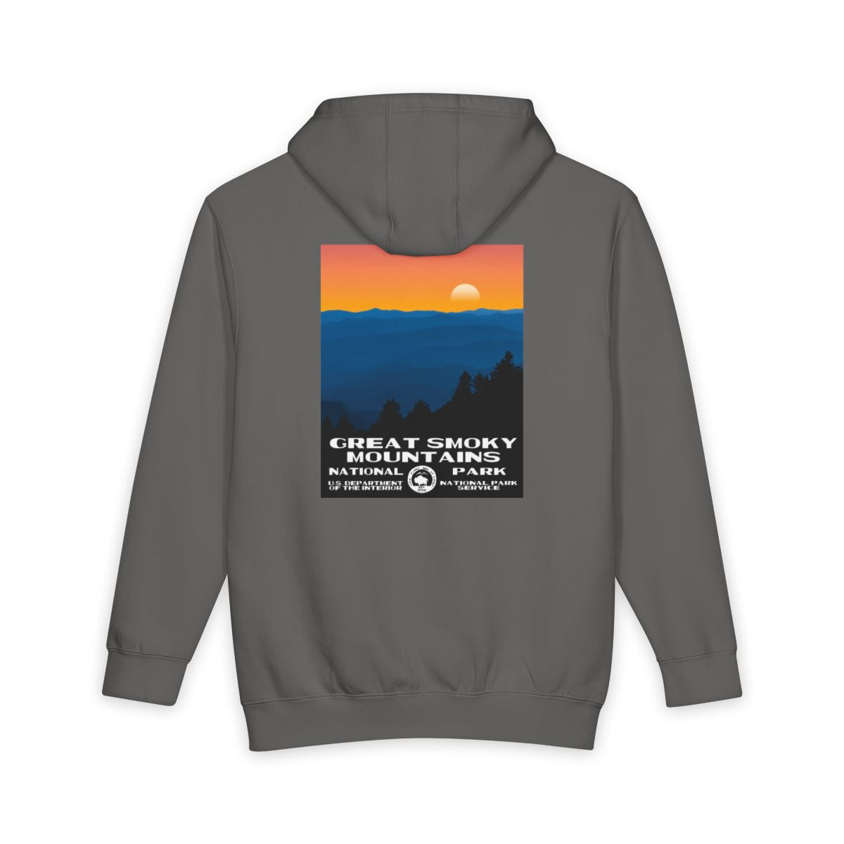 Storm Great Smoky Mountains National Park hoodie, back view with national park poster artwork