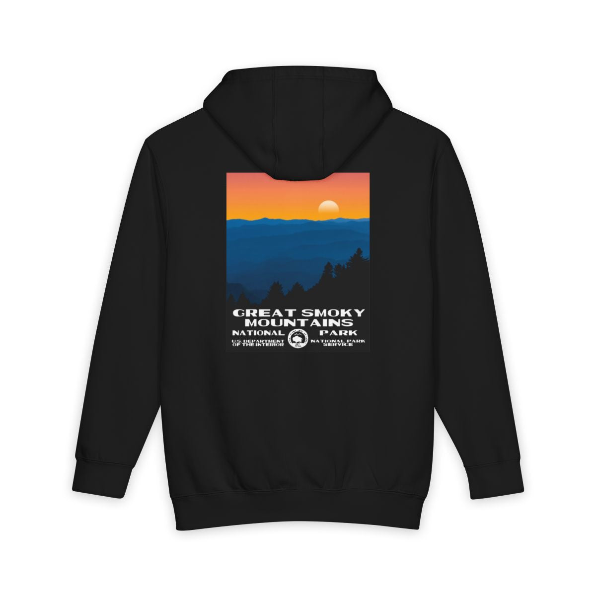 Black Great Smoky Mountains National Park hoodie, back view with national park poster artwork