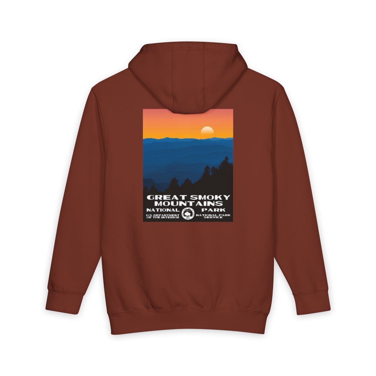 Paprika Great Smoky Mountains National Park hoodie, back view with national park poster artwork