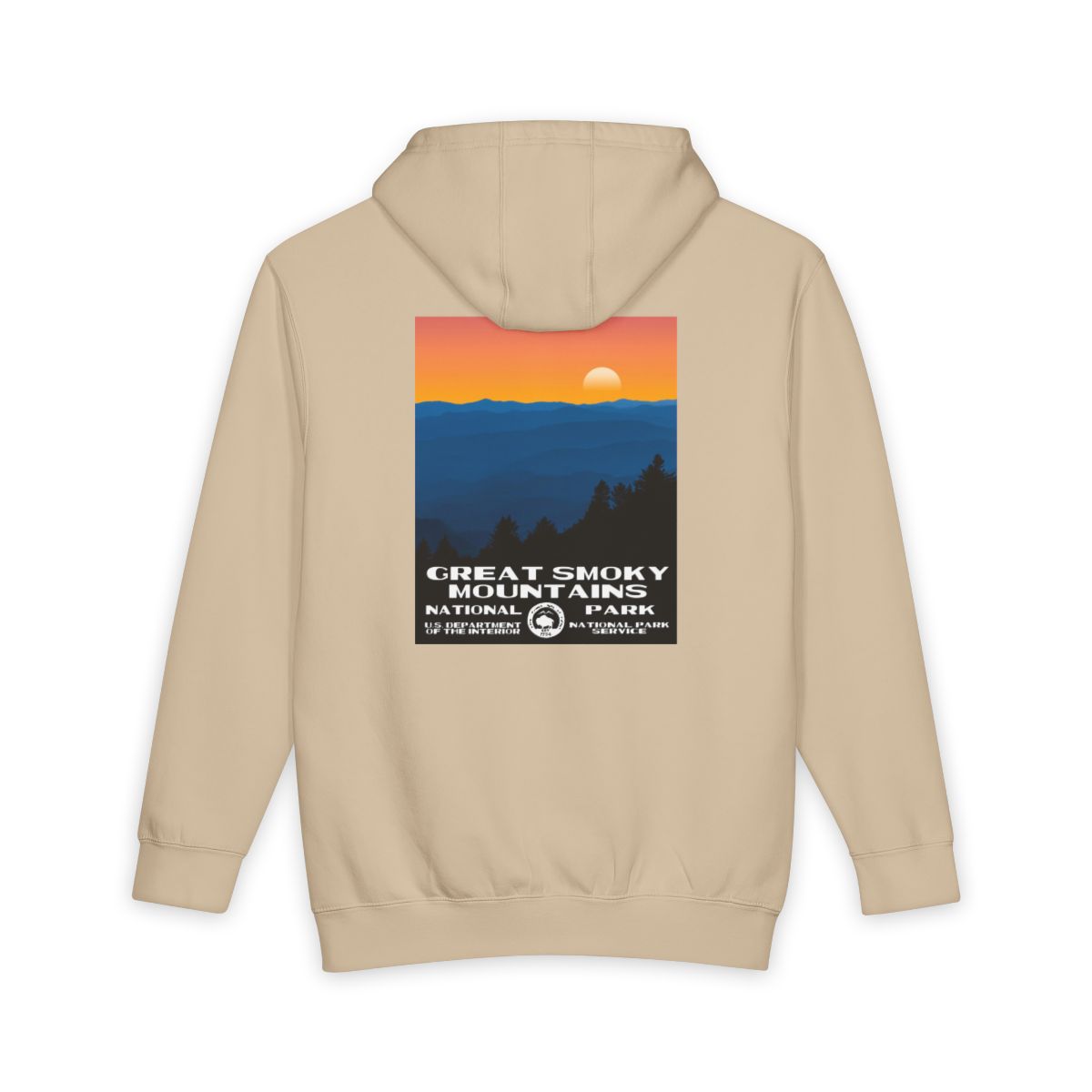 Mushroom Great Smoky Mountains National Park hoodie, back view with national park poster artwork