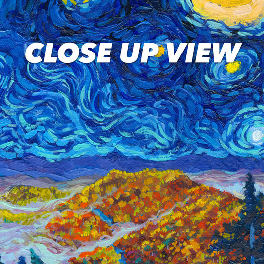 Close-up view of the Great Smoky Mountains National Park Starry Night poster artwork, showing colorful Van Gogh-inspired brushwork