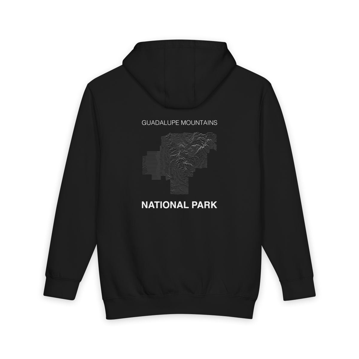 Black Guadalupe Mountains National Park hoodie, back view with topographic line design