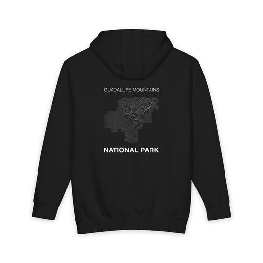 Black Guadalupe Mountains National Park hoodie, back view with topographic line design