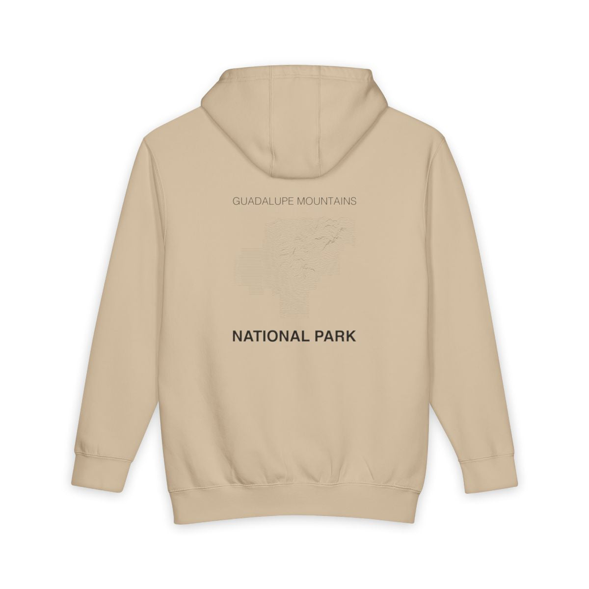 Mushroom Guadalupe Mountains National Park hoodie, back view with topographic line design