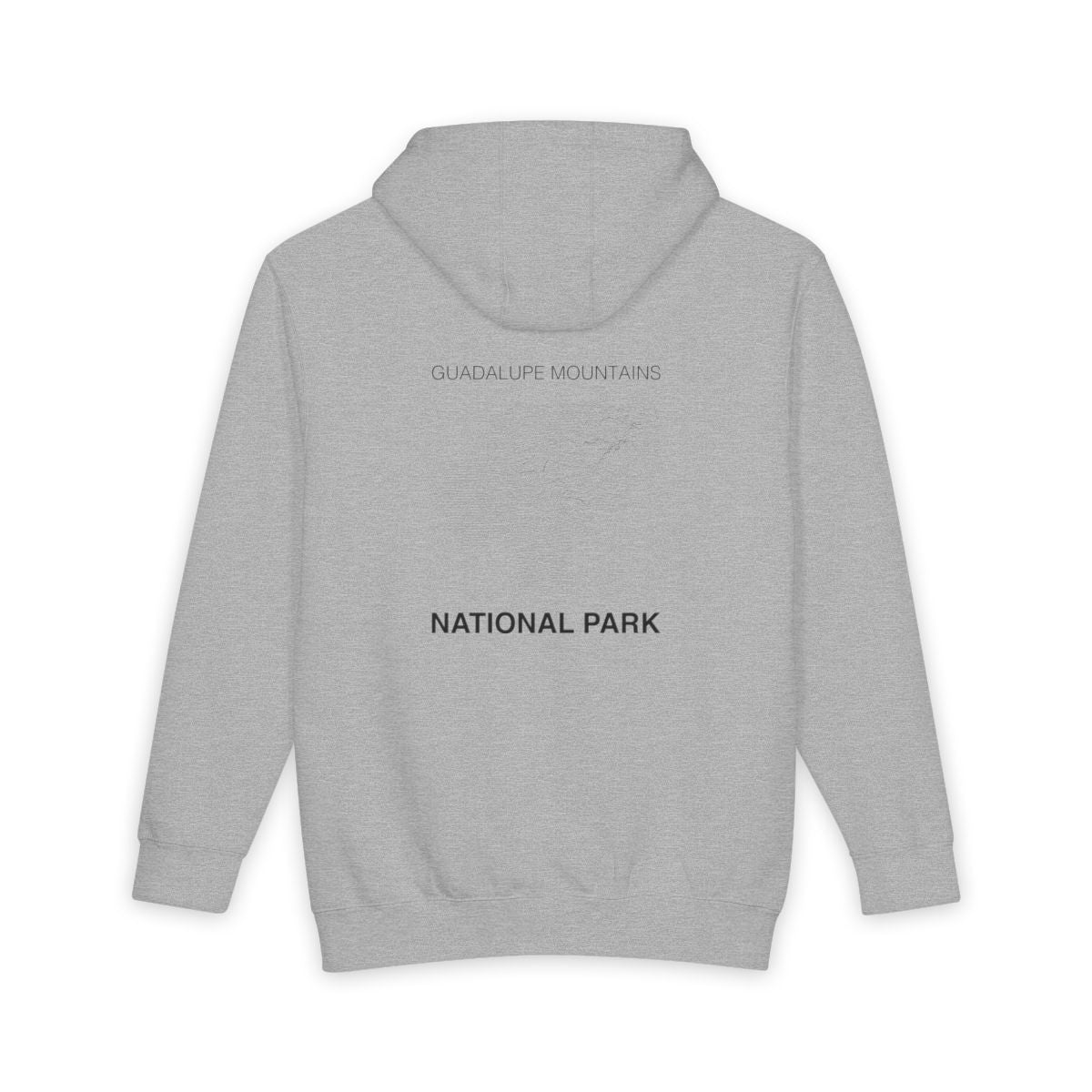 Heather Grey Guadalupe Mountains National Park hoodie, back view with topographic line design