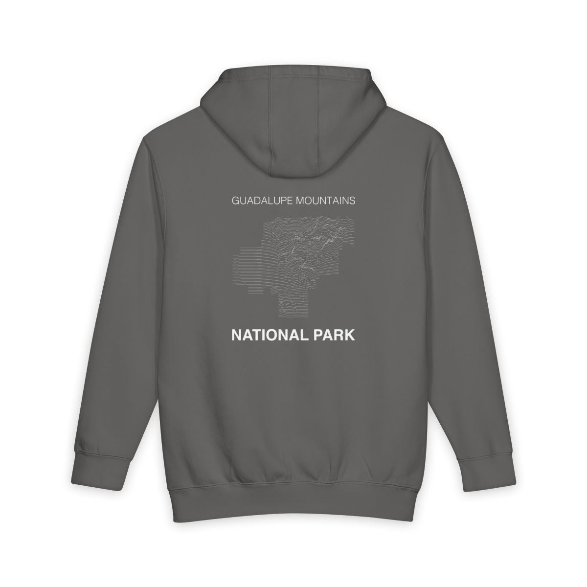 Storm Guadalupe Mountains National Park hoodie, back view with topographic line design