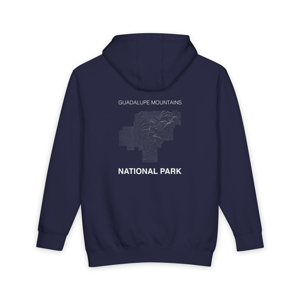 Navy Blue Guadalupe Mountains National Park hoodie, back view with topographic line design