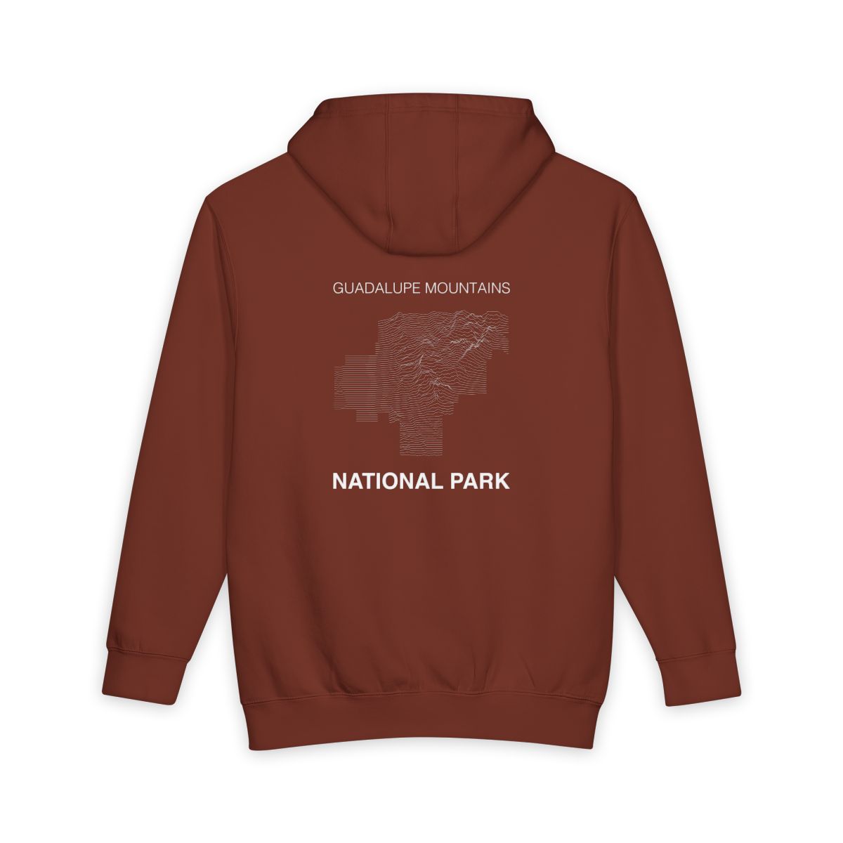 Paprika Guadalupe Mountains National Park hoodie, back view with topographic line design