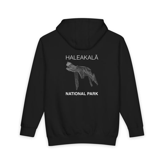 Black Haleakala National Park hoodie, back view with topographic line design