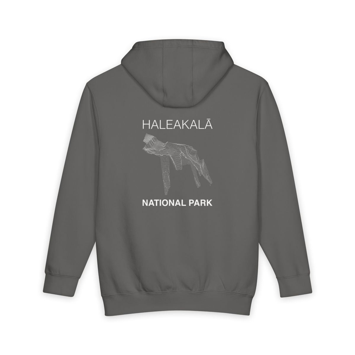 Storm Haleakala National Park hoodie, back view with topographic line design