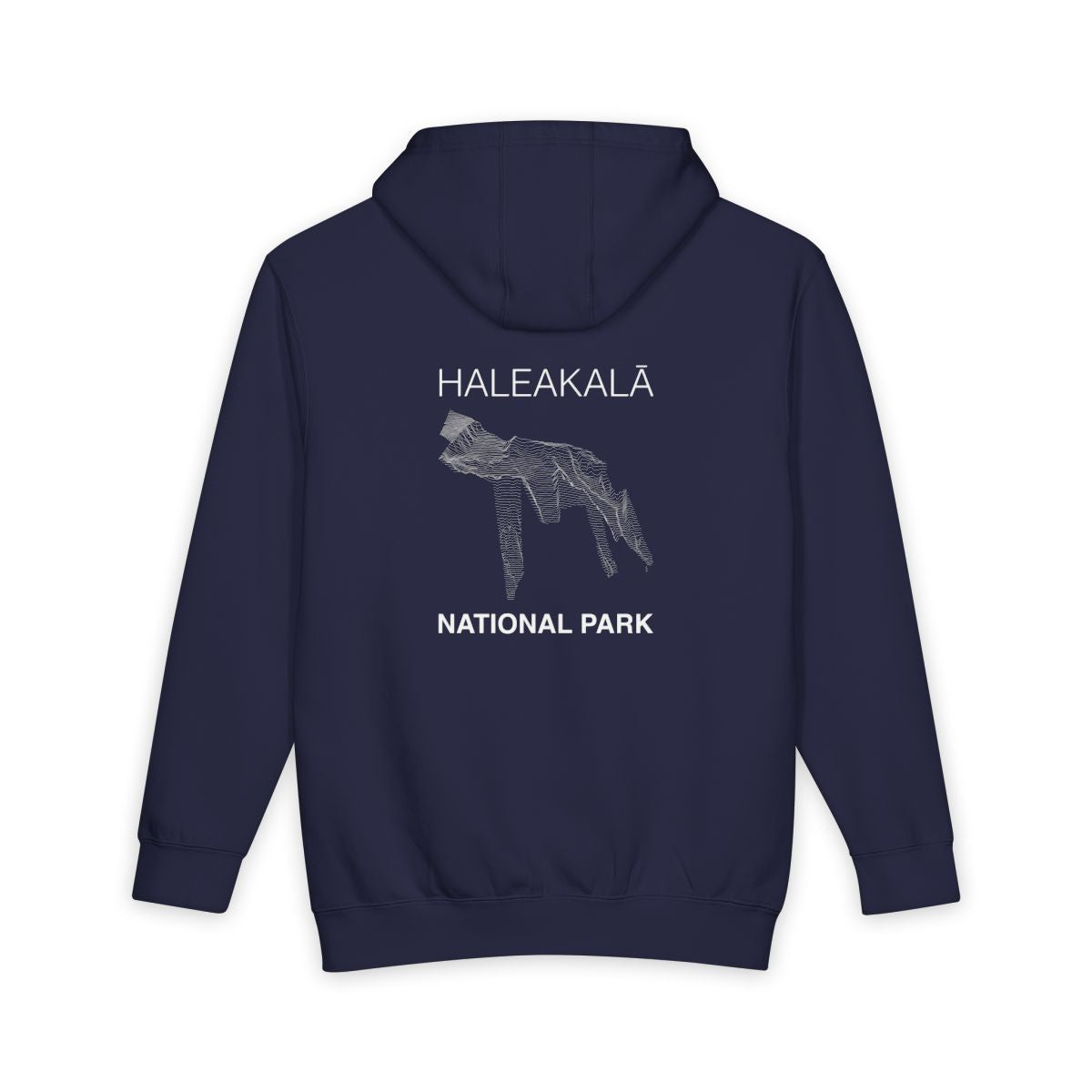 Navy Blue Haleakala National Park hoodie, back view with topographic line design