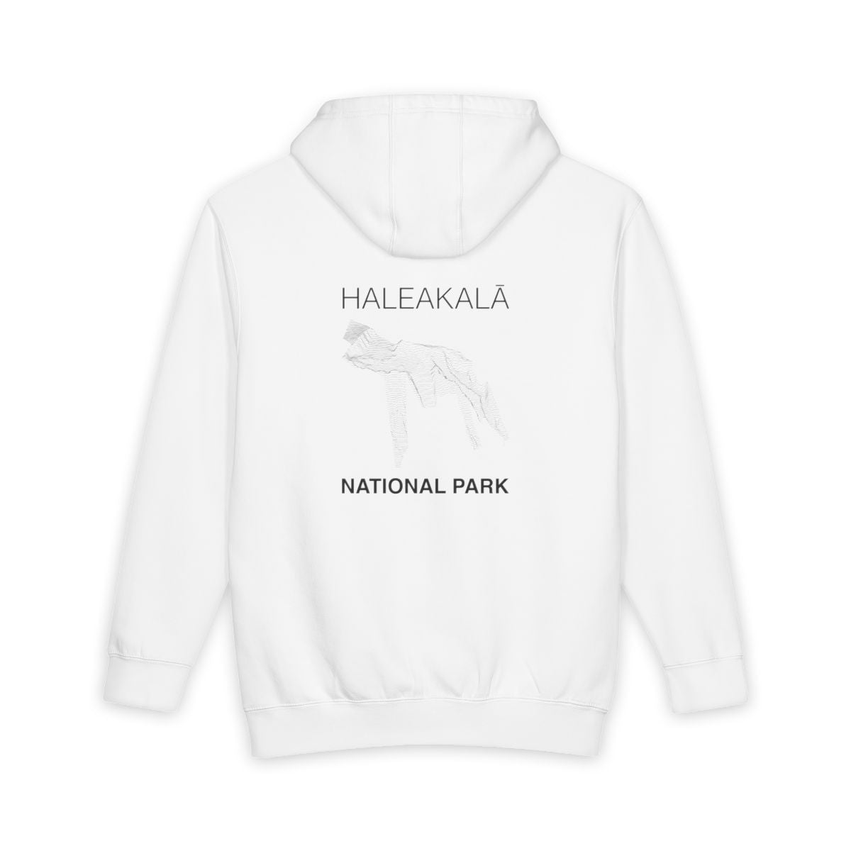 White Haleakala National Park hoodie, back view with topographic line design