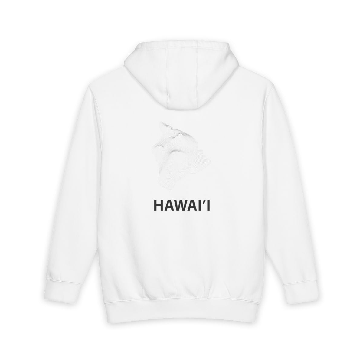 White Hawaii Island hoodie, back view with topographic line design