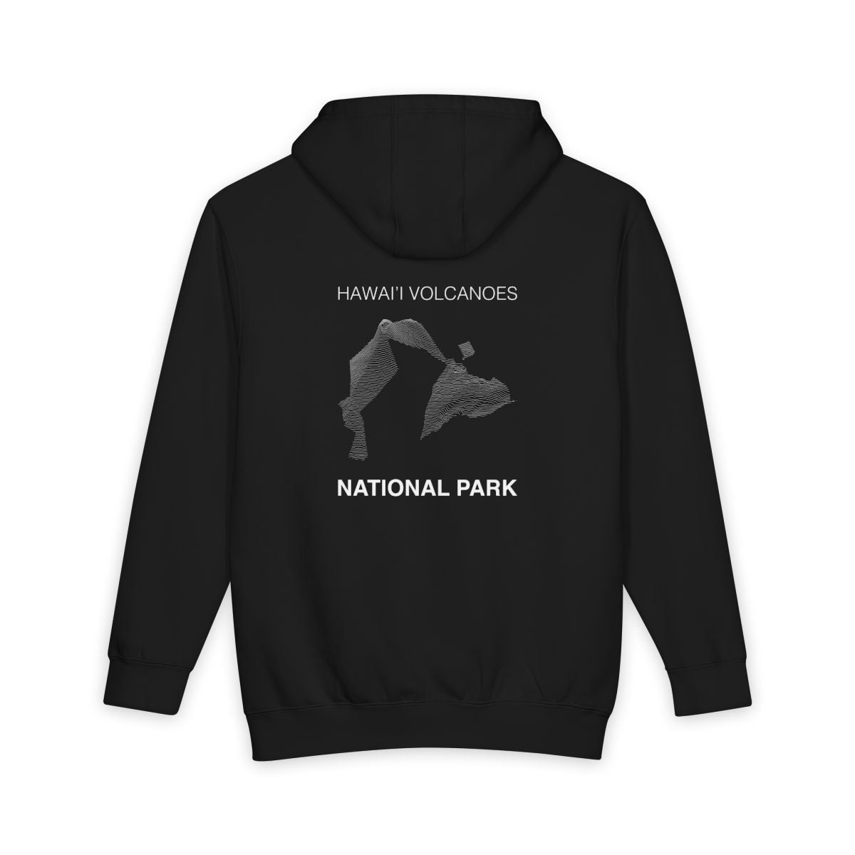 Black Hawaii Volcanoes National Park hoodie, back view with topographic line design
