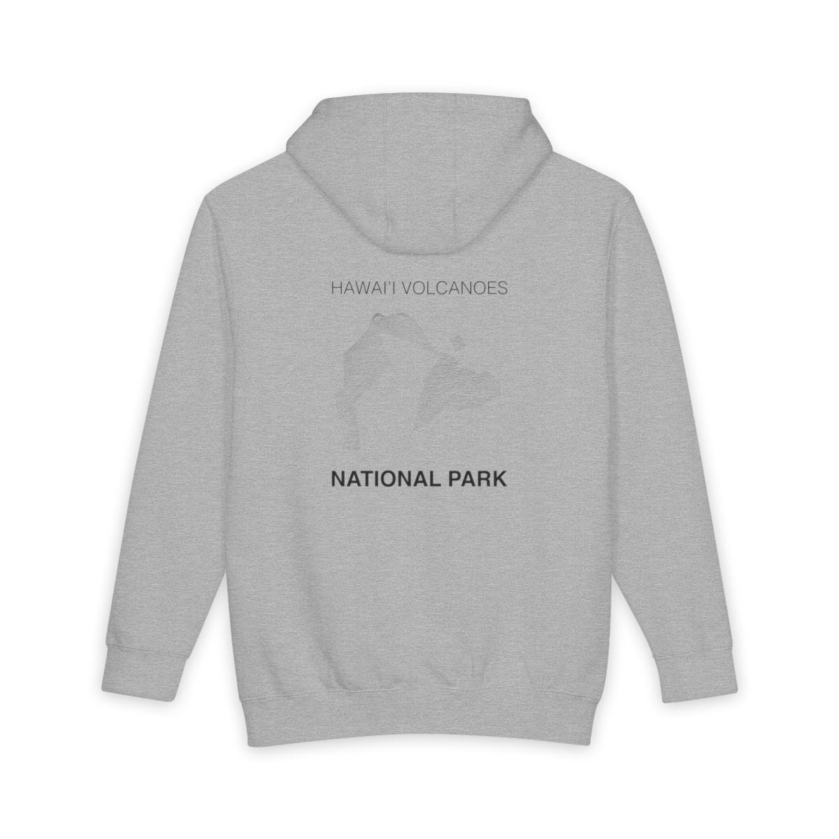 Heather Grey Hawaii Volcanoes National Park hoodie, back view with topographic line design