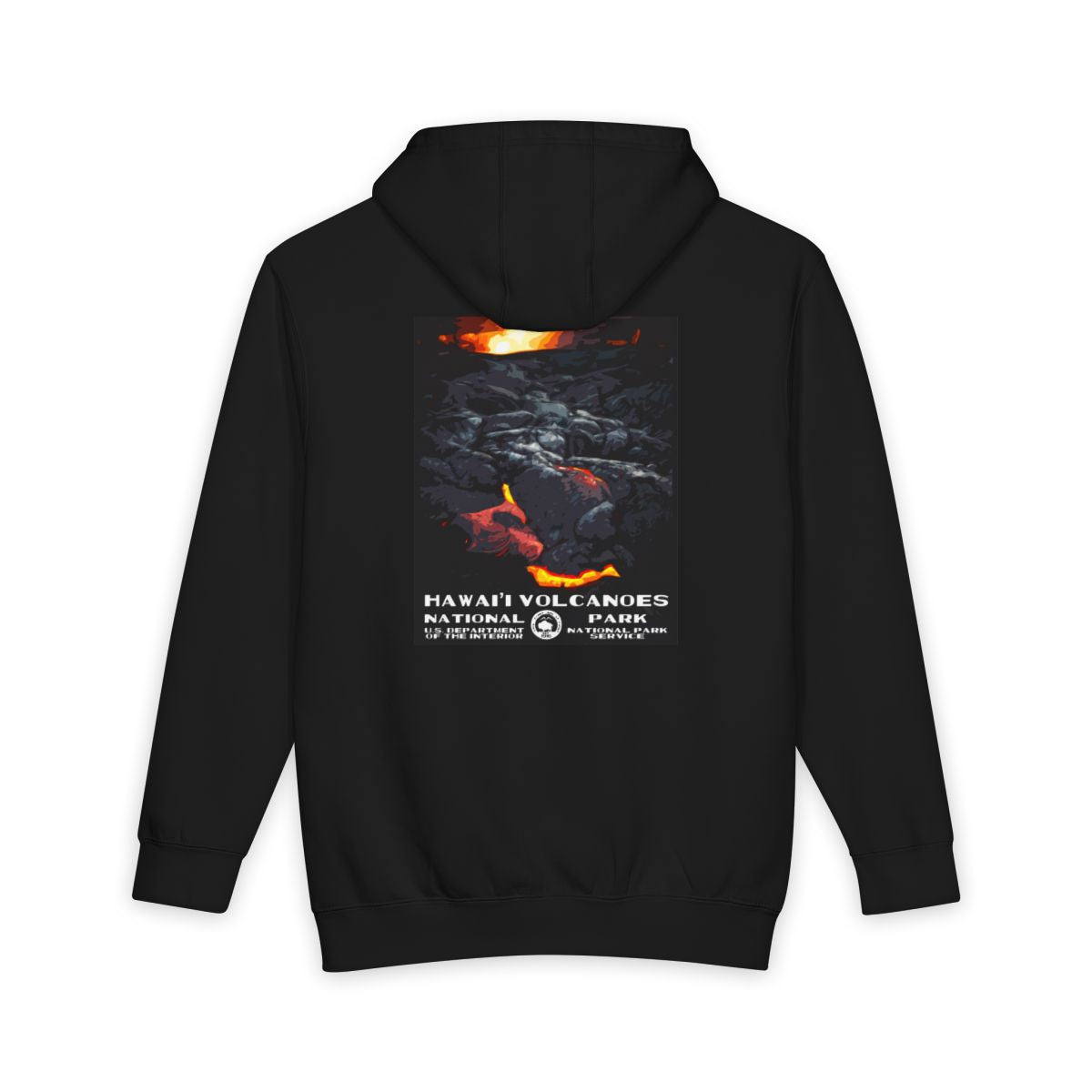 Black Hawai'i Volcanoes National Park hoodie, back view with national park poster artwork