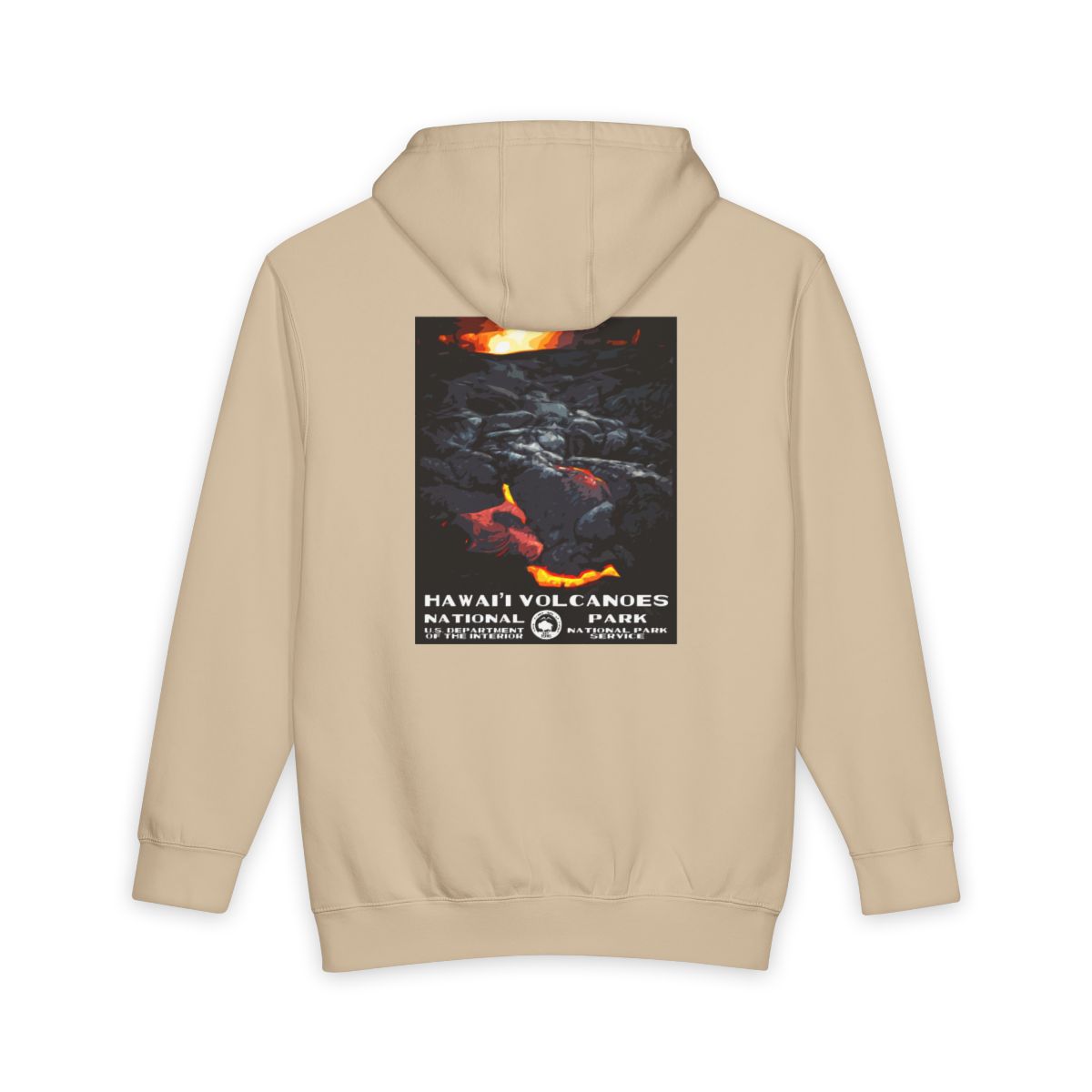 Mushroom Hawai'i Volcanoes National Park hoodie, back view with national park poster artwork