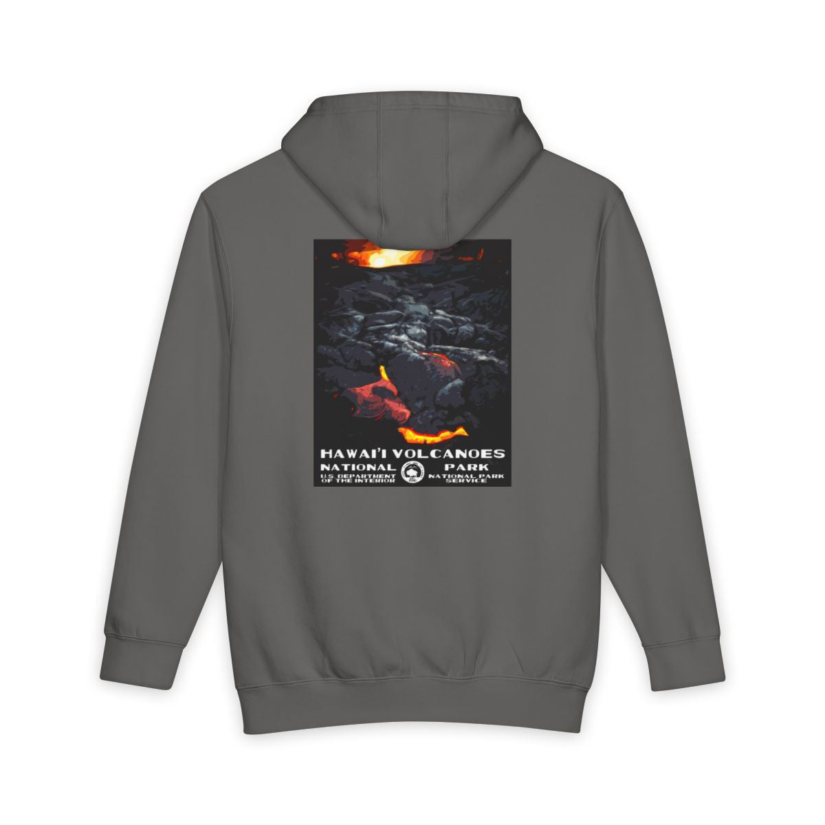 Storm Hawai'i Volcanoes National Park hoodie, back view with national park poster artwork