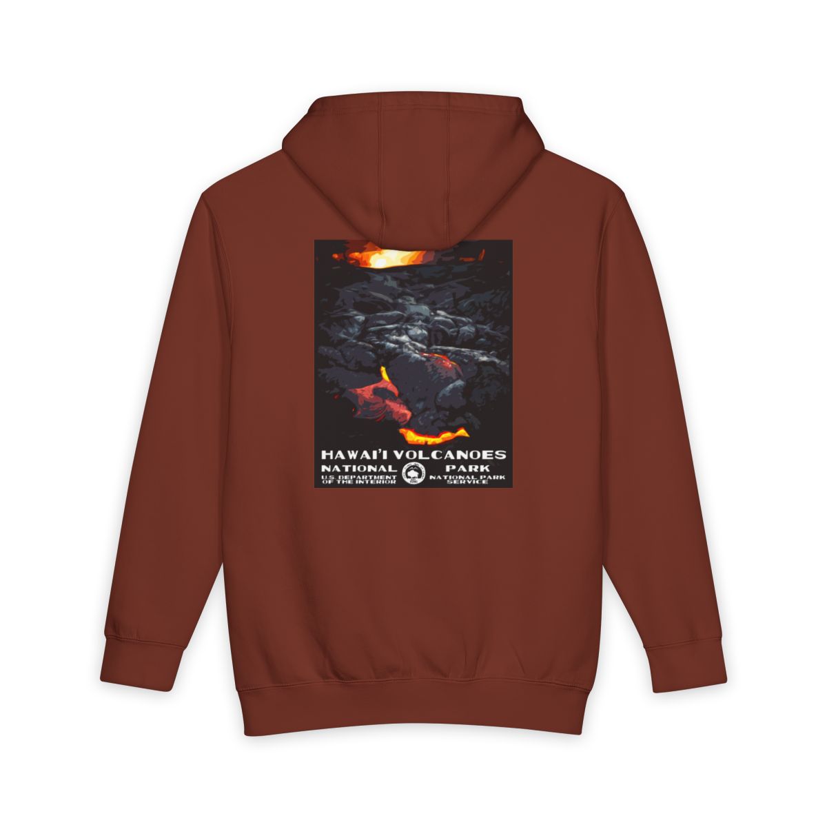 Paprika Hawai'i Volcanoes National Park hoodie, back view with national park poster artwork
