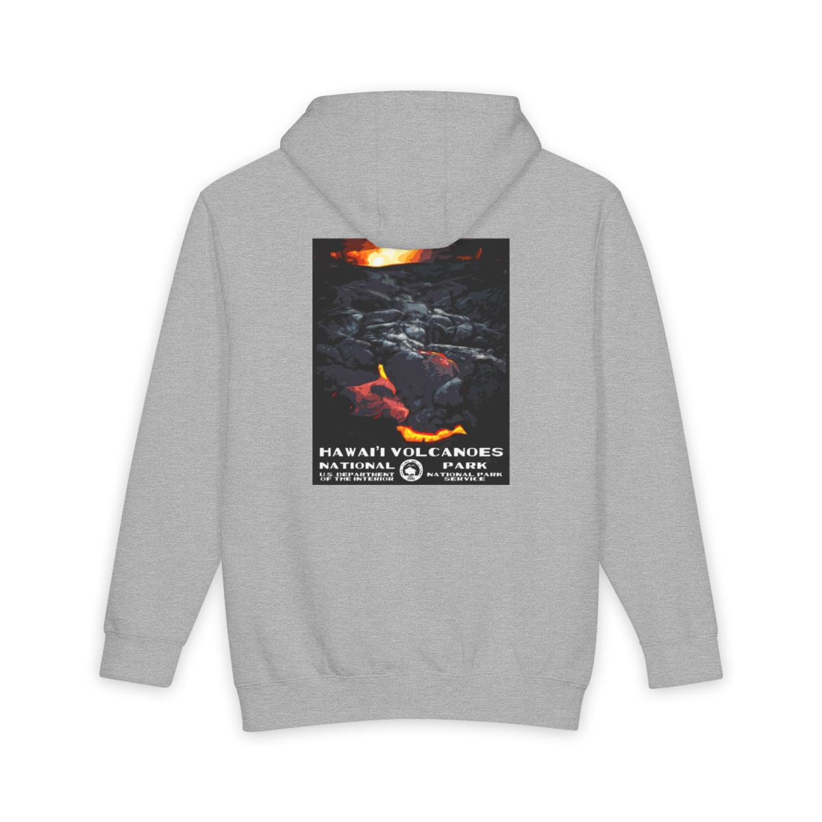 Heather Grey Hawai'i Volcanoes National Park hoodie, back view with national park poster artwork