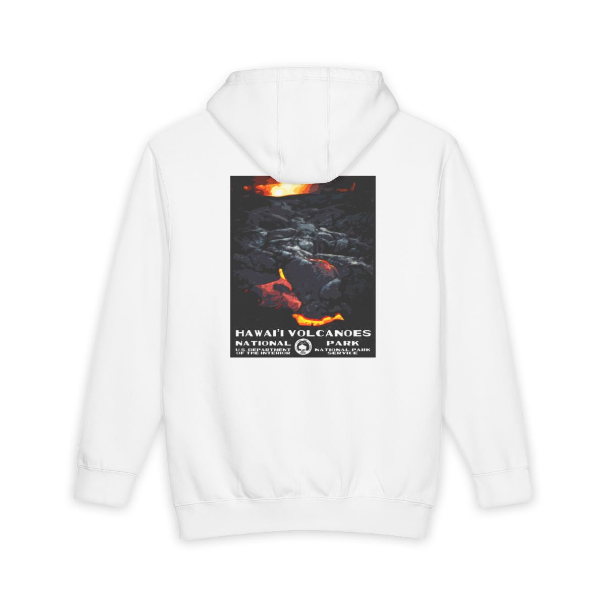 White Hawai'i Volcanoes National Park hoodie, back view with national park poster artwork
