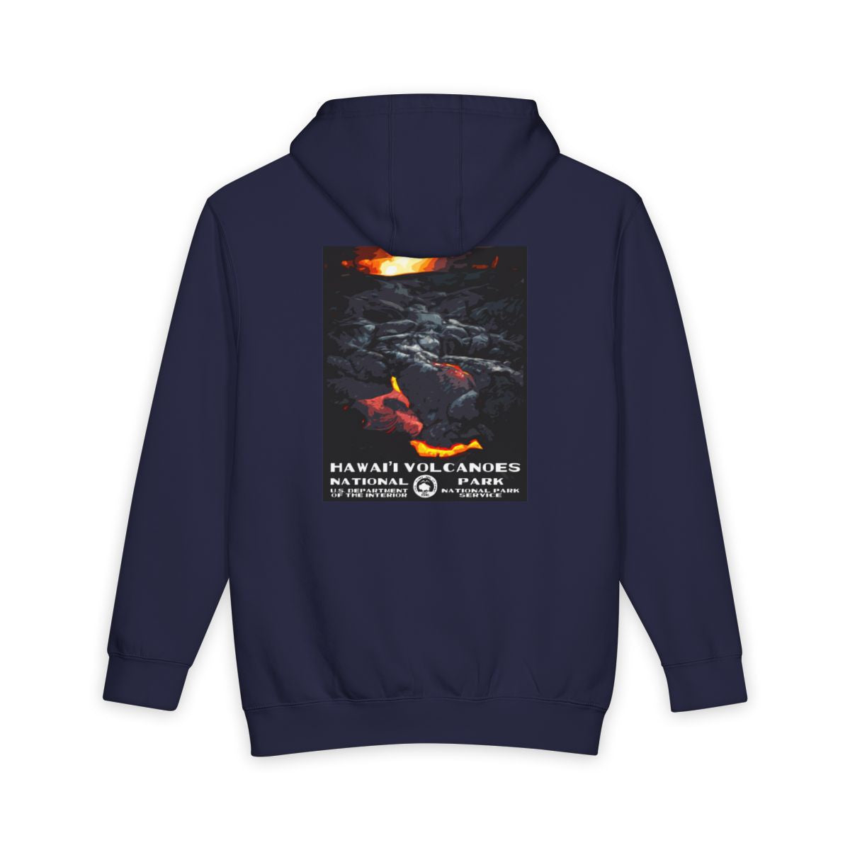Navy Blue Hawai'i Volcanoes National Park hoodie, back view with national park poster artwork