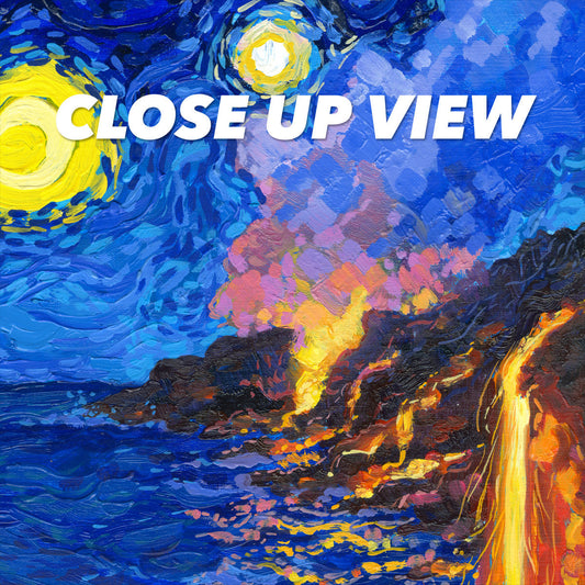 Close-up view of the Hawaiʻi Volcanoes National Park Starry Night poster artwork, showing colorful Van Gogh-inspired brushwork
