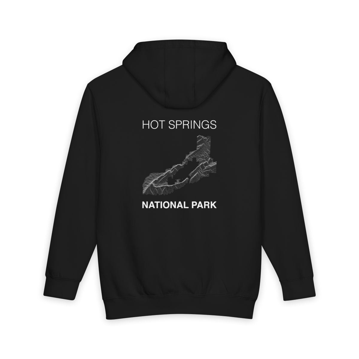 Black Hot Springs National Park hoodie, back view with topographic line design