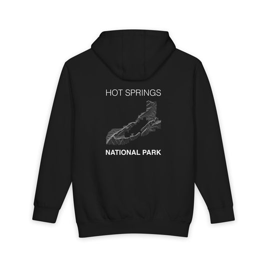 Black Hot Springs National Park hoodie, back view with topographic line design