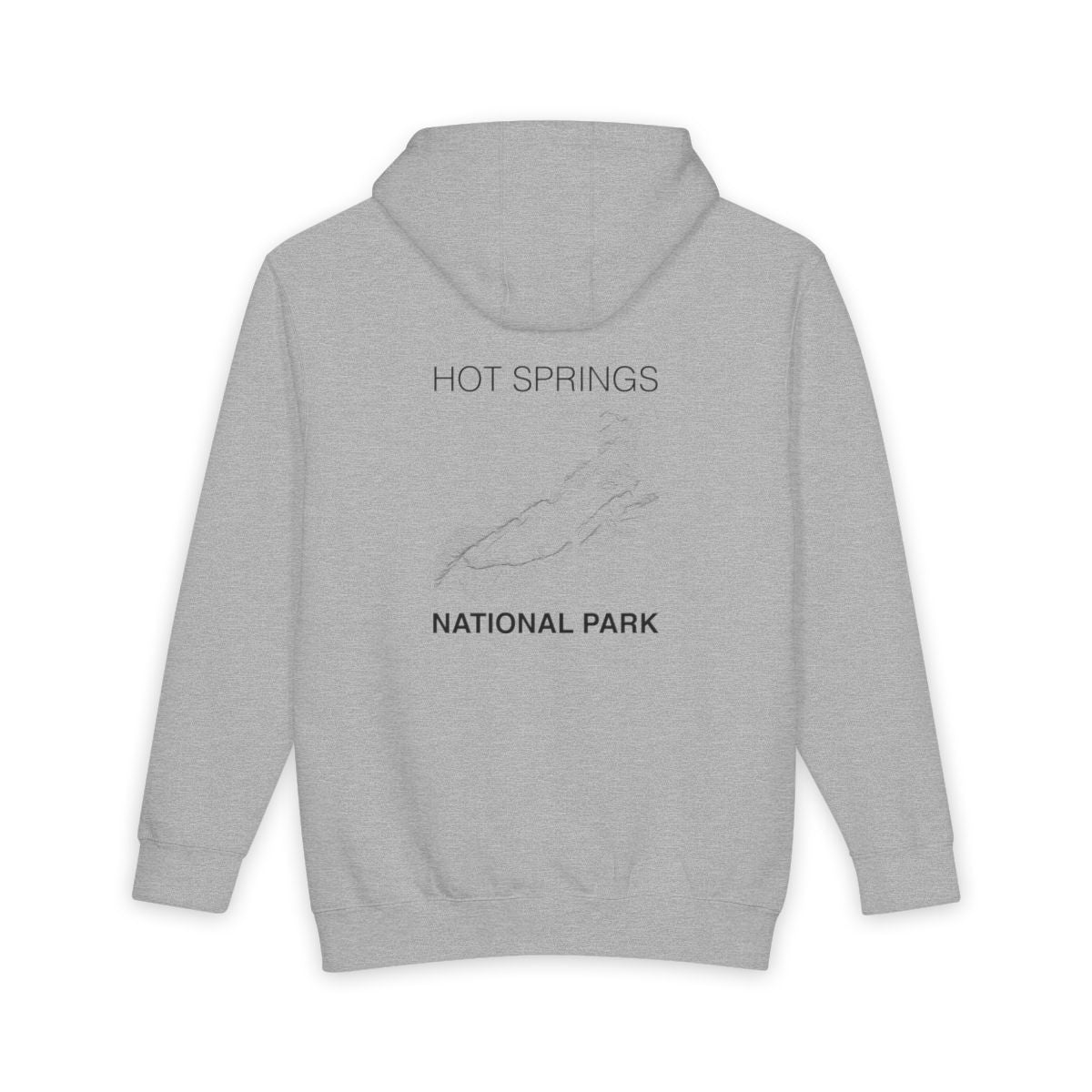Heather Grey Hot Springs National Park hoodie, back view with topographic line design