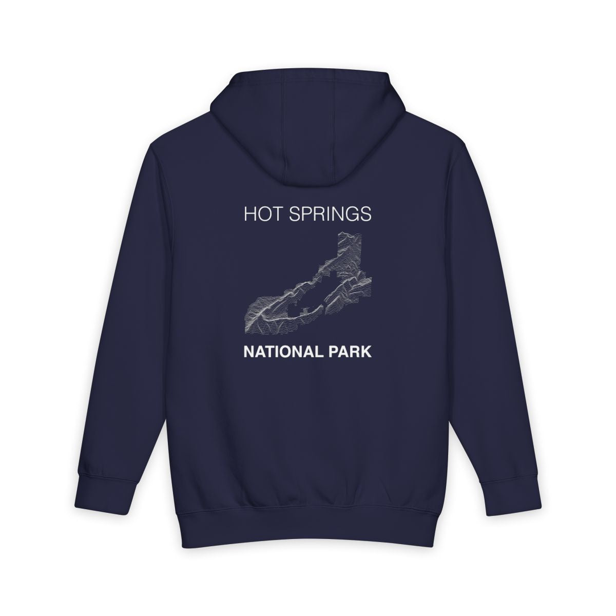 Navy Blue Hot Springs National Park hoodie, back view with topographic line design