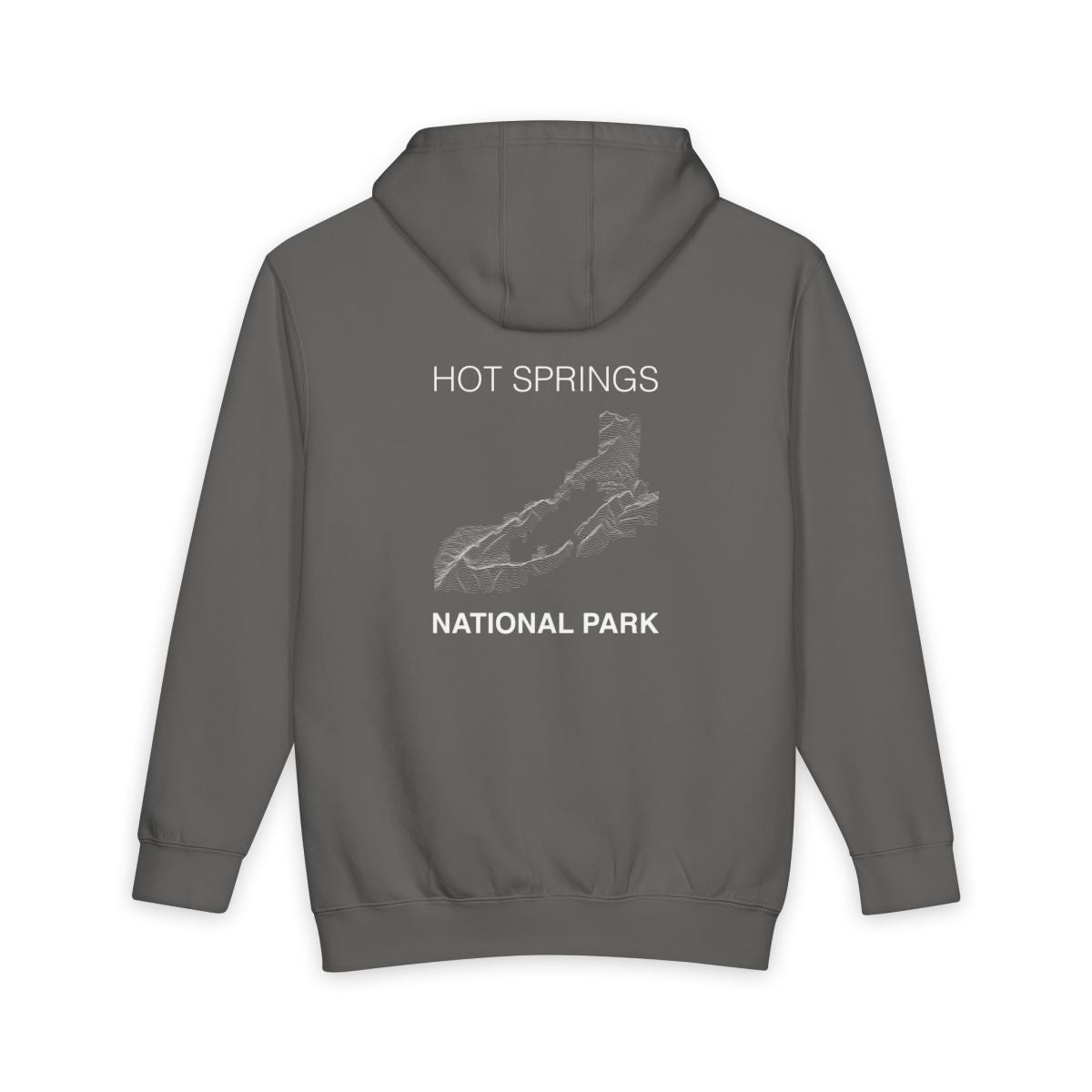 Storm Hot Springs National Park hoodie, back view with topographic line design