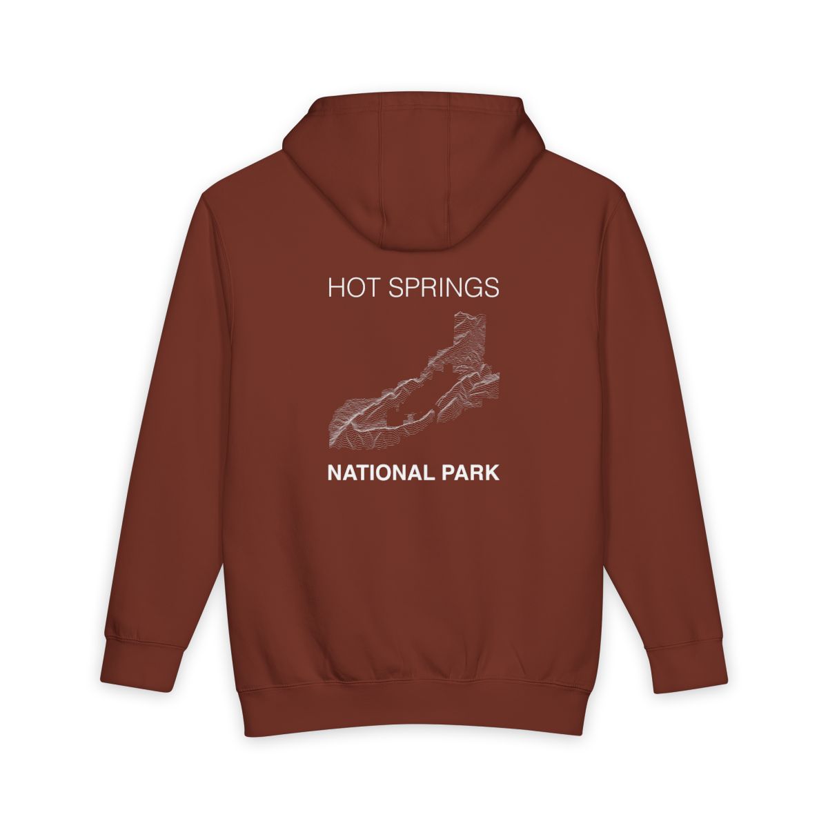 Paprika Hot Springs National Park hoodie, back view with topographic line design