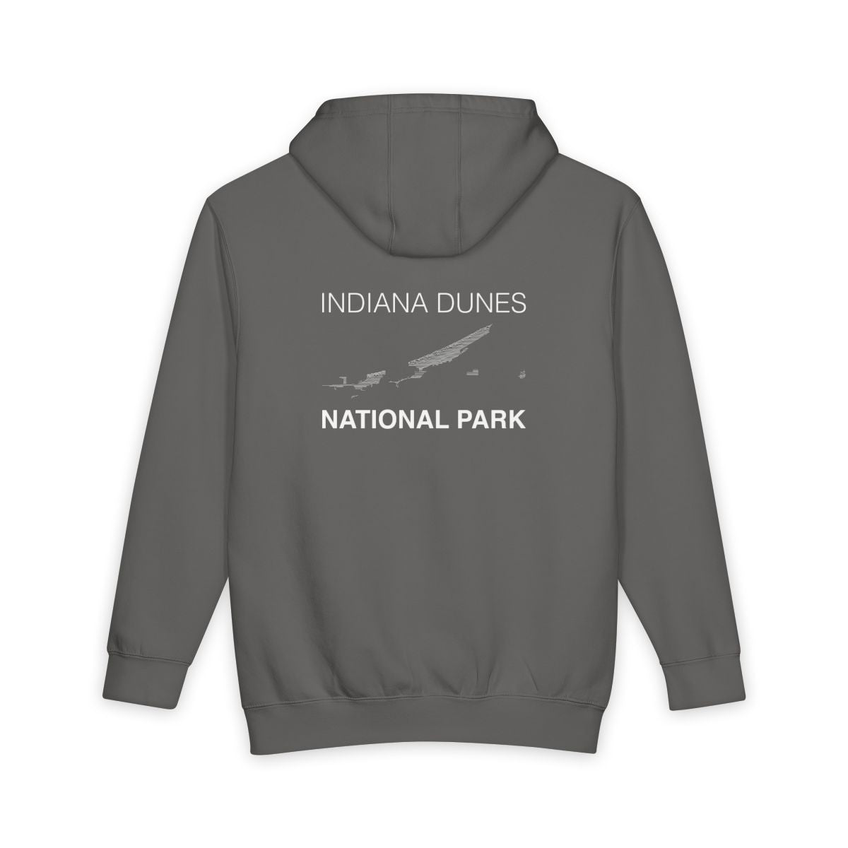 Storm Indiana Dunes National Park hoodie, back view with topographic line design