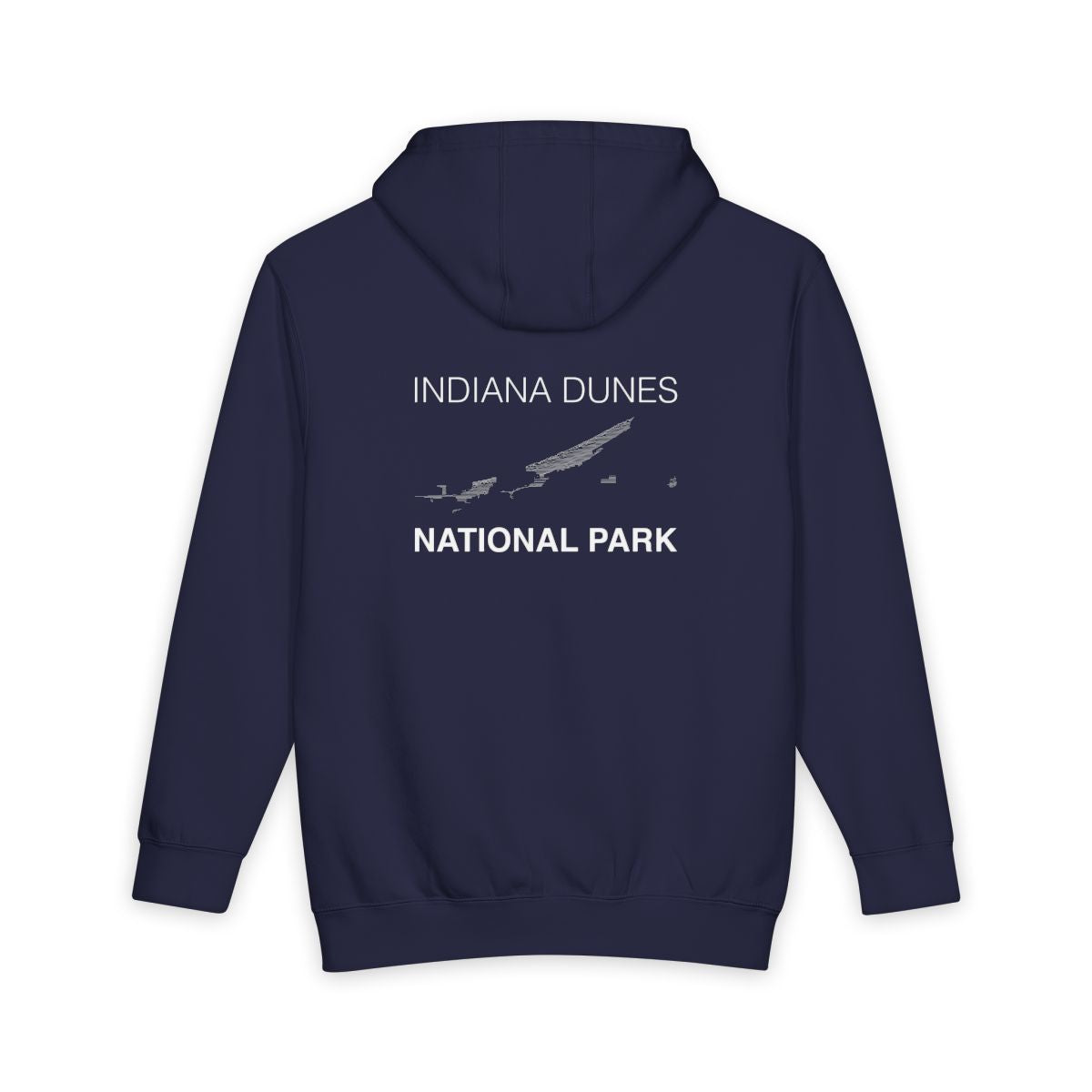 Navy Blue Indiana Dunes National Park hoodie, back view with topographic line design