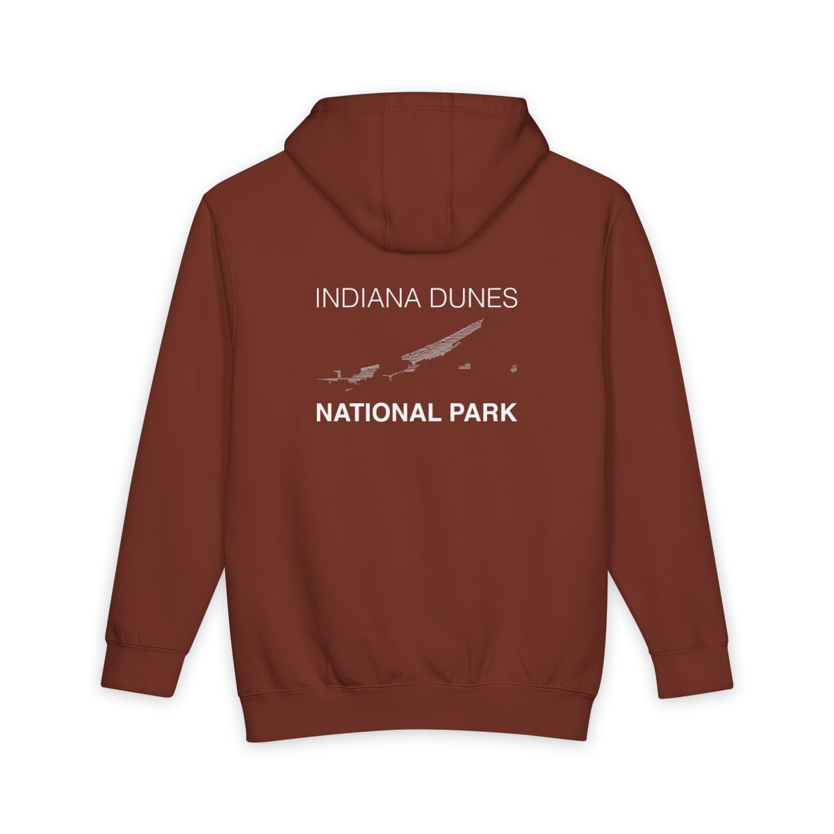 Paprika Indiana Dunes National Park hoodie, back view with topographic line design