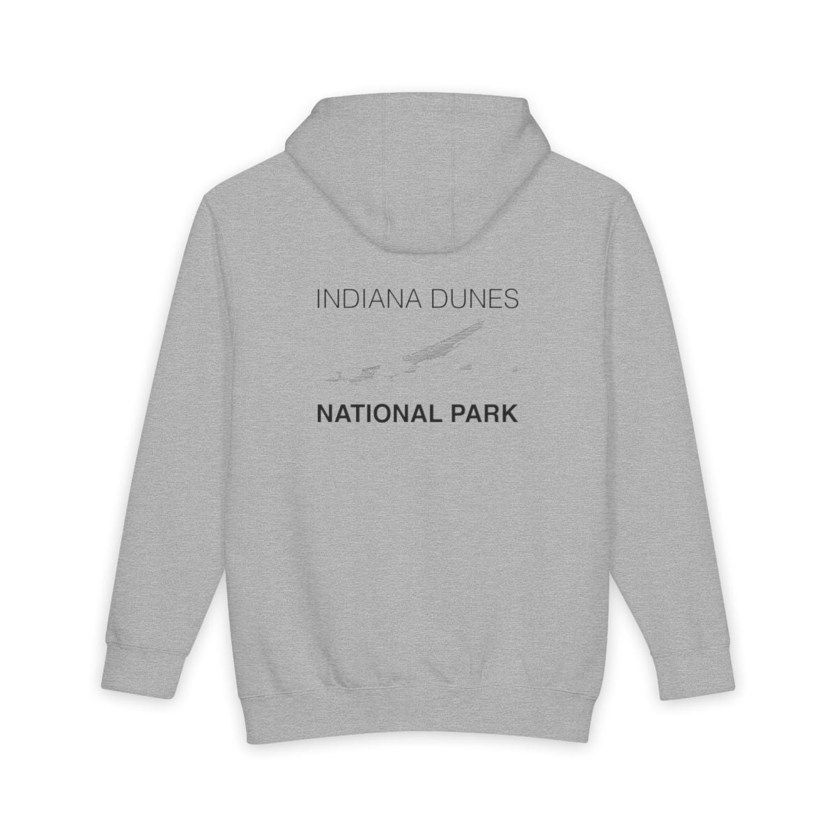 Heather Grey Indiana Dunes National Park hoodie, back view with topographic line design