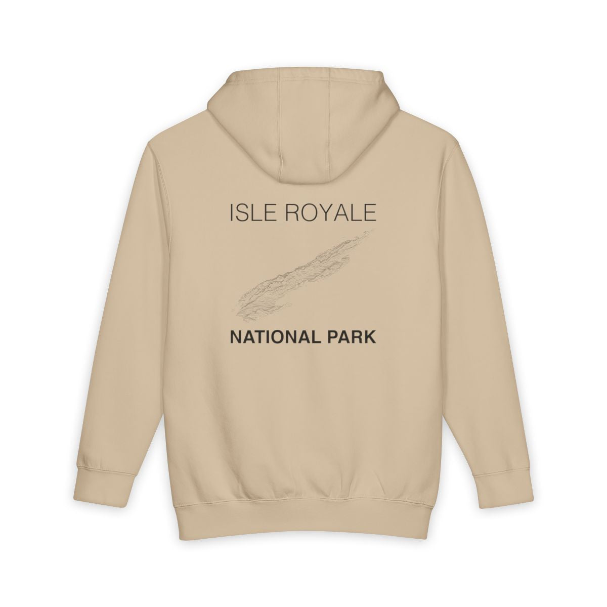 Mushroom Isle Royale National Park hoodie, back view with topographic line design