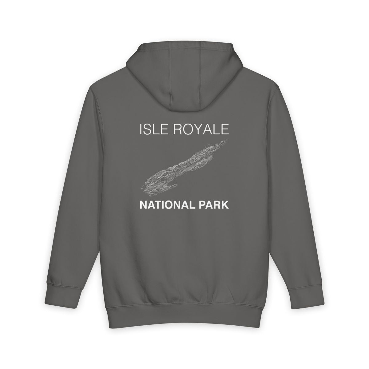 Storm Isle Royale National Park hoodie, back view with topographic line design