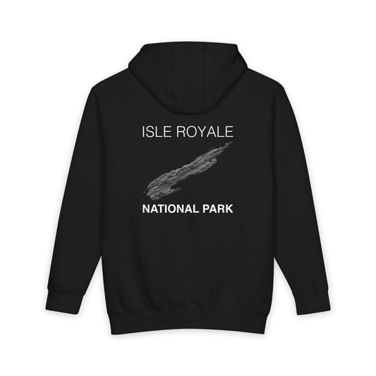 Black Isle Royale National Park hoodie, back view with topographic line design