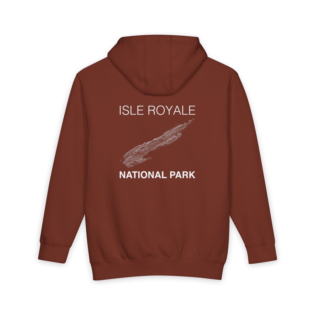 Paprika Isle Royale National Park hoodie, back view with topographic line design
