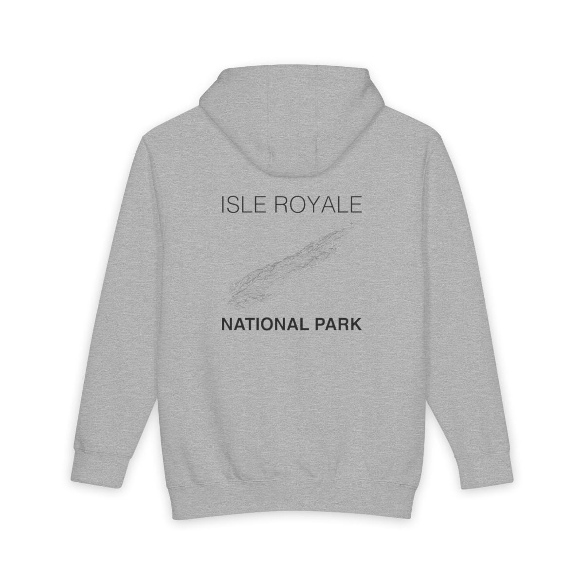 Heather Grey Isle Royale National Park hoodie, back view with topographic line design