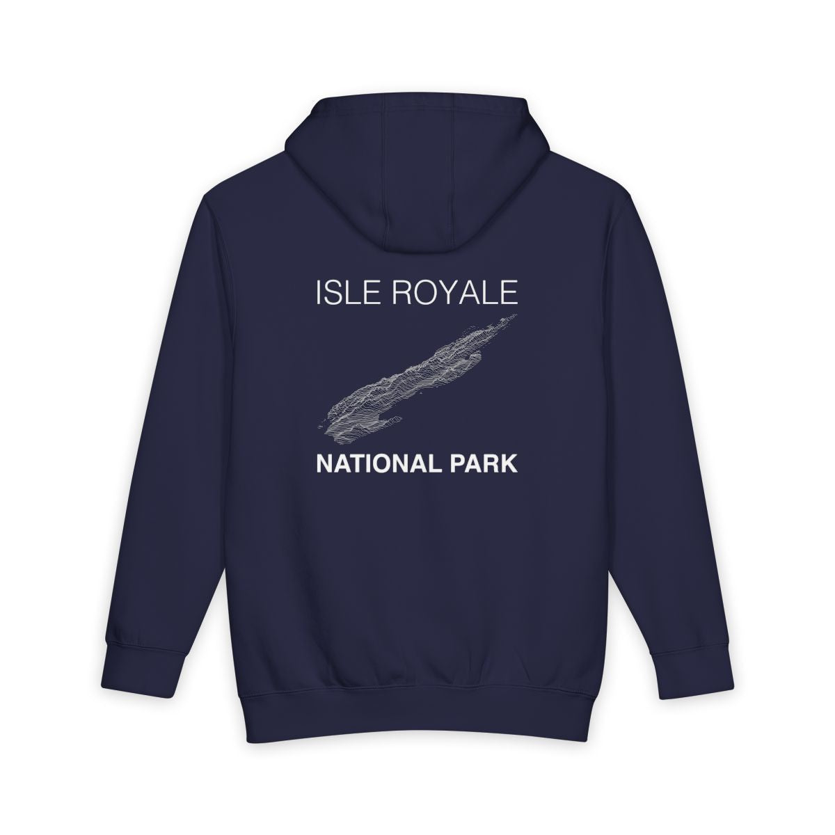 Navy Blue Isle Royale National Park hoodie, back view with topographic line design