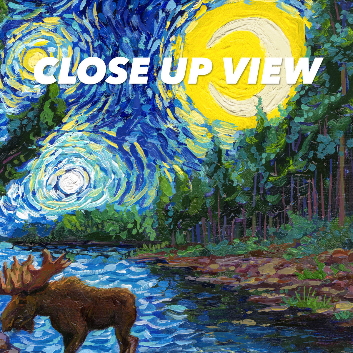 Close-up view of the Isle Royale National Park Starry Night poster artwork, showing colorful Van Gogh-inspired brushwork