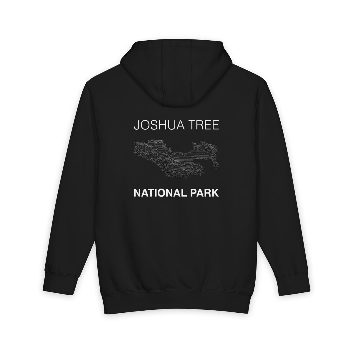 Black Joshua Tree National Park hoodie, back view with topographic line design