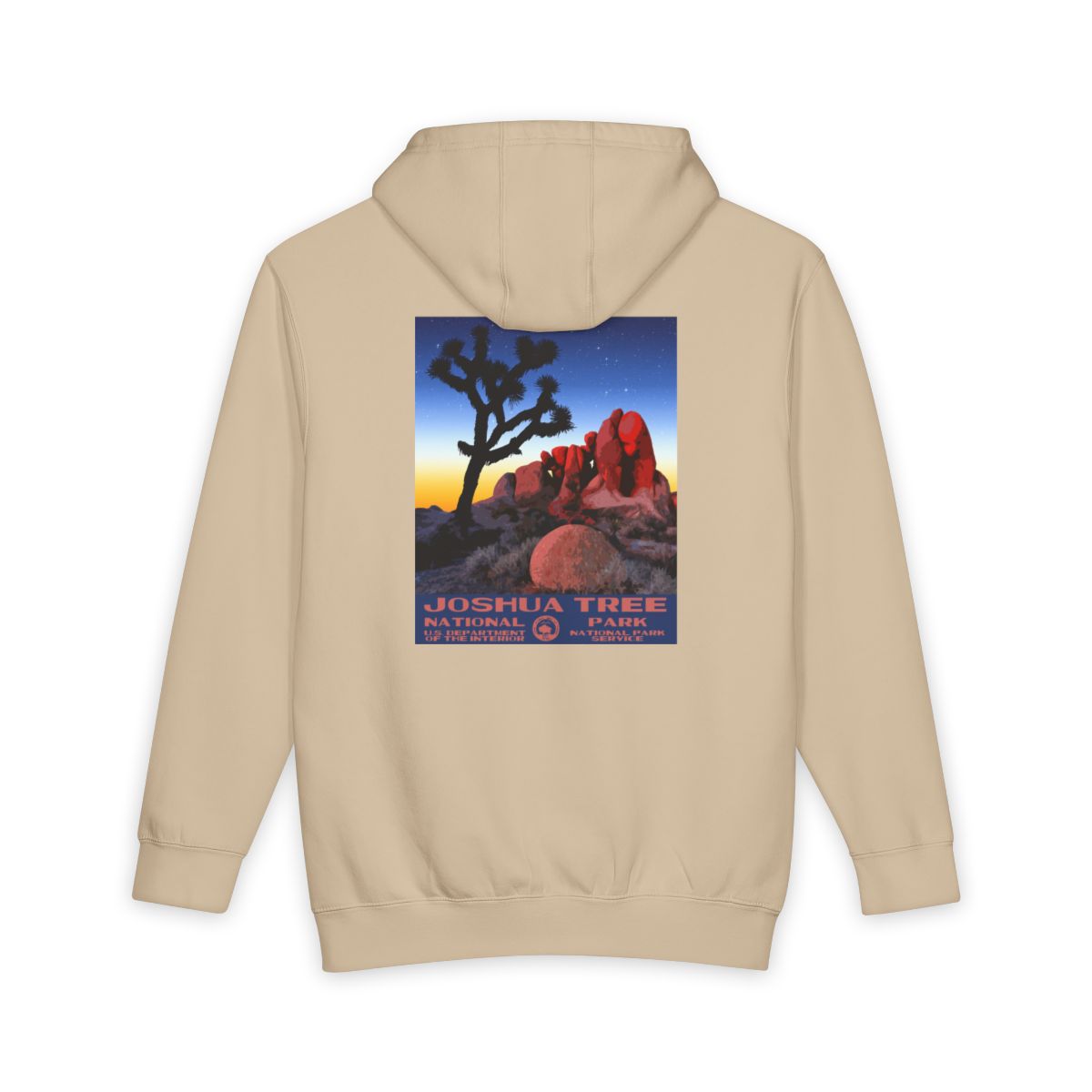 Mushroom Joshua Tree National Park hoodie, back view with skull rock poster artwork