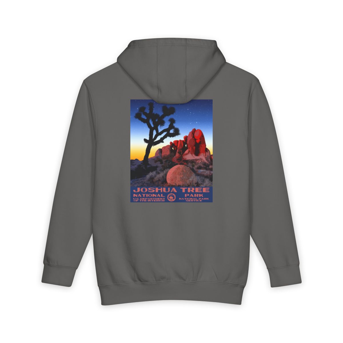 Storm Joshua Tree National Park hoodie, back view with skull rock poster artwork